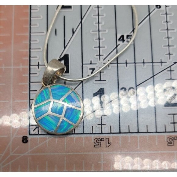 Sterling Silver Inlaid Blue Opal Pendant Necklace 16" Chain Signed ind0925 - Picture 6 of 16